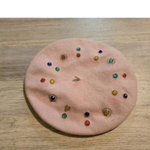 Vintage Wool Beret Hat Pink Rhinestone Czech Czechoslovakia